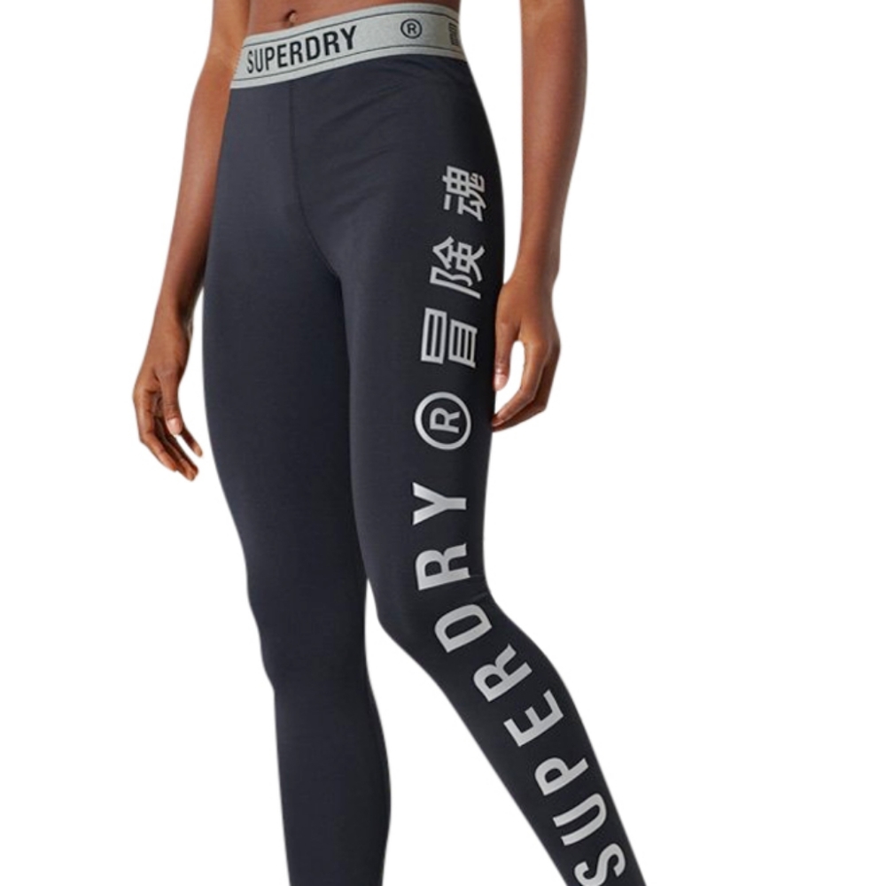 Superdry Training Elastic Legging in Ebony and yellow text, size 8